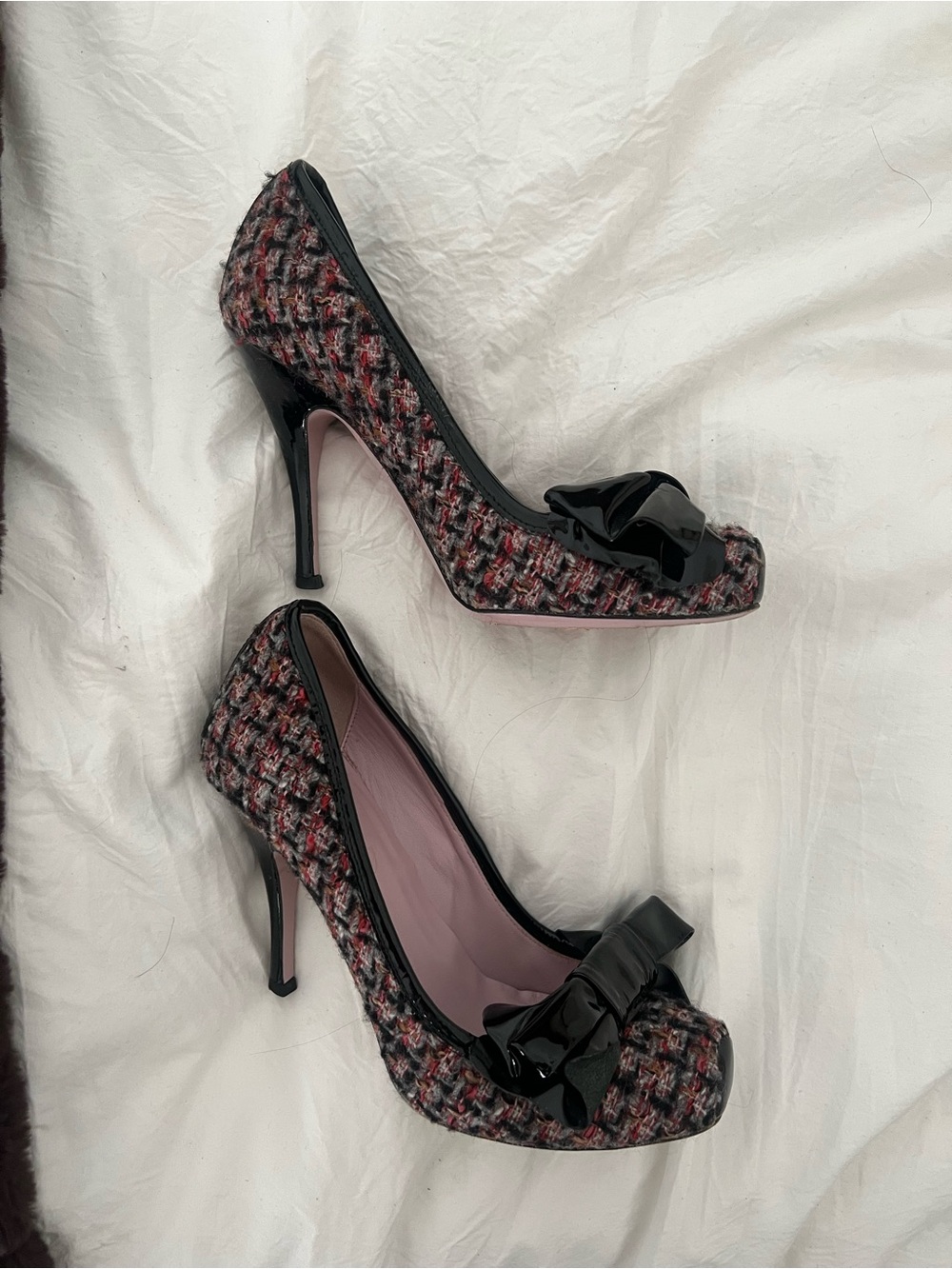 Vero Cuoio Pink and Black Tweed Peep-Toe Heels with Patent Bow